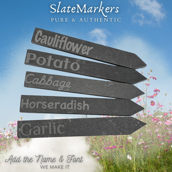 Set of garden markers with vegetable names against a natural background