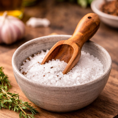 Grey bowl with wooden scoop on a wooden surface with herbs and garlic in the background