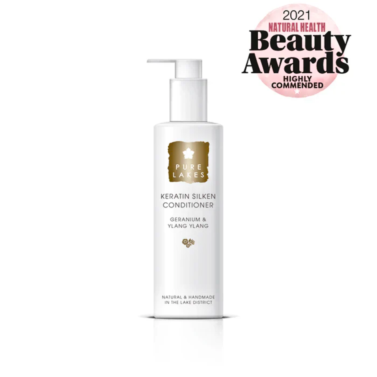 White bottle of Pure Lakes Keratin Silken Conditioner with a 2021 Natural Health Beauty Awards badge on a white background