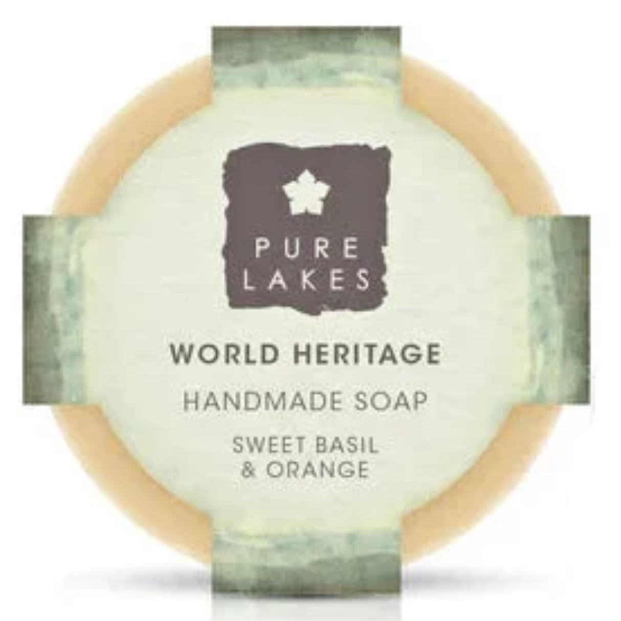 Handmade soap bar with 'Pure Lakes' branding and 'World Heritage' description on a white background.