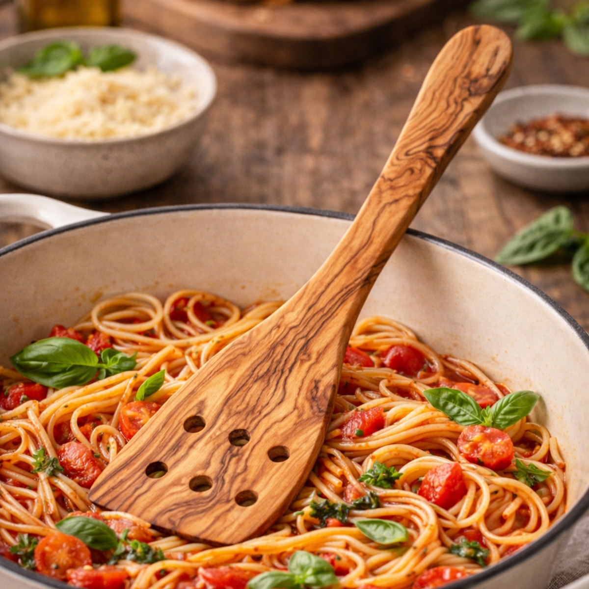 A slotted wooden spoon resting in a pan of pasta with tomatoes and herbs.