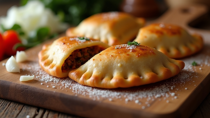 Three baked pastries on a wooden board with herbs and tomatoes in the background