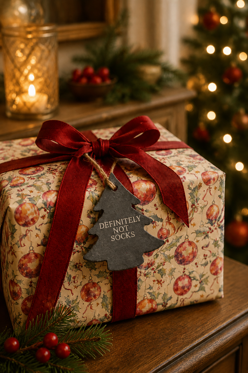 A Christmas-themed gift box wrapped in beige holiday paper with red ornaments and a dark red ribbon bow, featuring a slate tag that reads 'DEFINITELY NOT SOCKS'. The box sits on a wooden table in a warmly lit holiday setting with a blurred Christmas tree in the background.