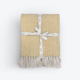 Yellow and white patterned blanket with tassels on a white background
