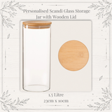 1.5 liter Clear glass storage jar with personalised wooden lid on a white background