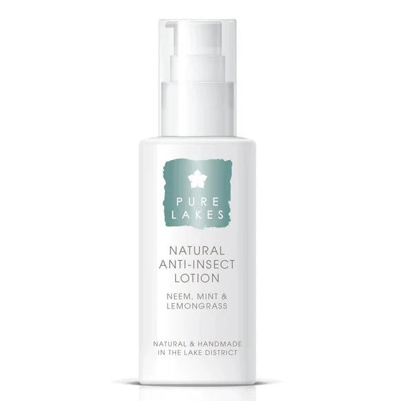 White bottle of Pure Lashes natural anti-insect lotion on a white background