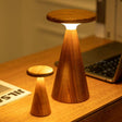 Wooden lamp on a desk with a laptop and newspaper