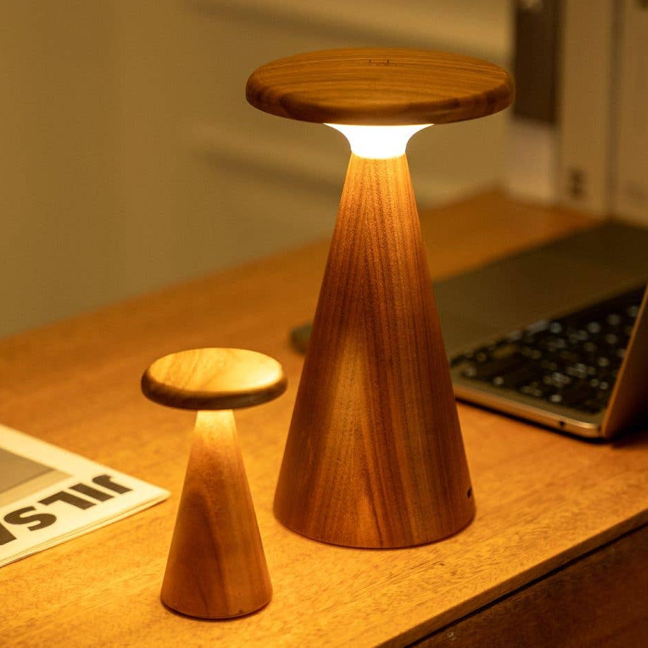 Wooden lamp on a desk with a laptop and newspaper