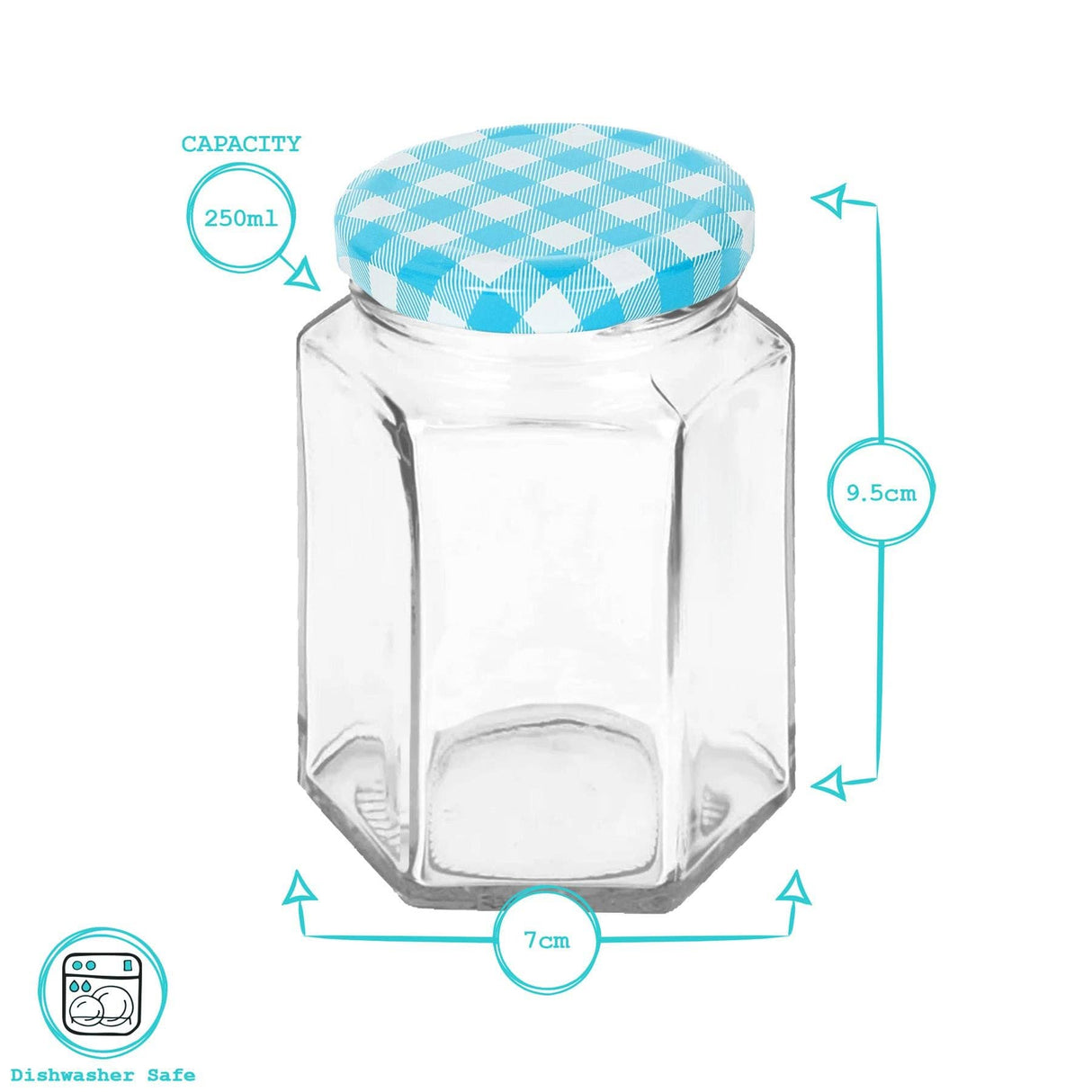 Hexagonal glass jar with a blue checkered lid, showing measurements and capacity details on a white background.