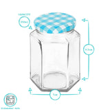 Hexagonal glass jar with a blue checkered lid, showing measurements and capacity details on a white background.
