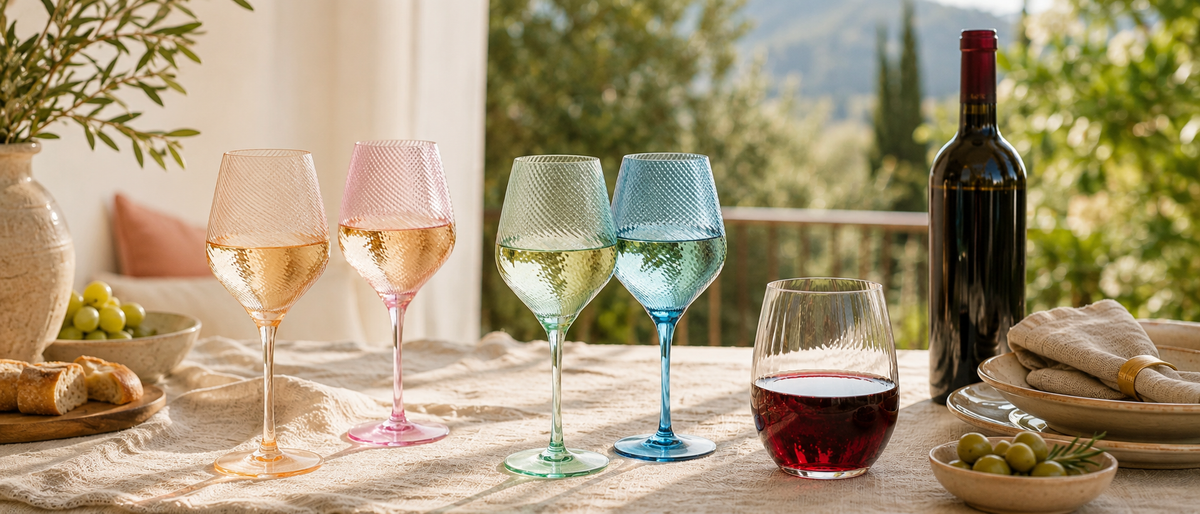 Pink, peach, blue and green wine glasses arranged on a sunlit dining table.