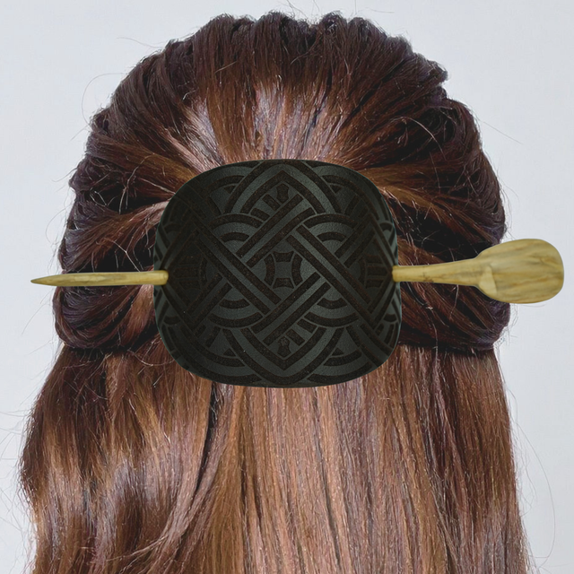 Leather Hair Barrette – Celtic Design on Black Leather with Oak Stick