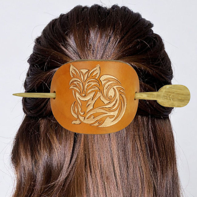Handcrafted Leather Hair Barrette – Bronze Fox on Brown Leather with Oak Stick