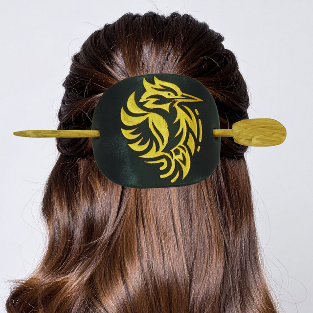 Leather Hair Barrette – Gold Kingfisher on Black Leather with Oak Stick