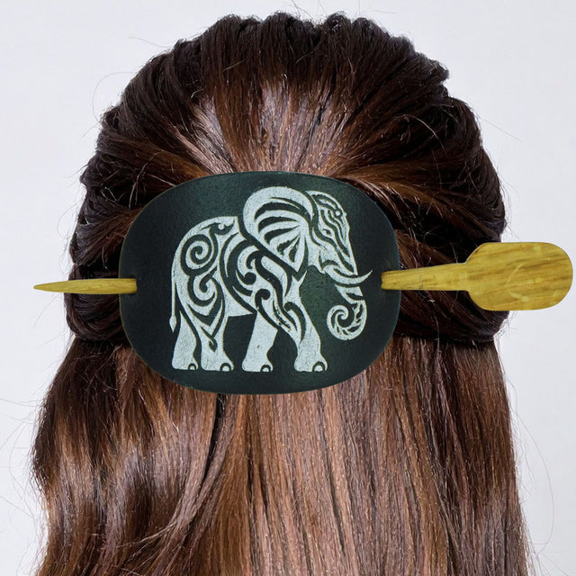 Leather Hair Barrette – Silver Elephant on Black Leather with Oak Stick