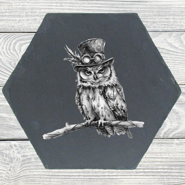 Hexagonal Natural Slate Placemat – 26cm (Steampunk Owl Engraving)