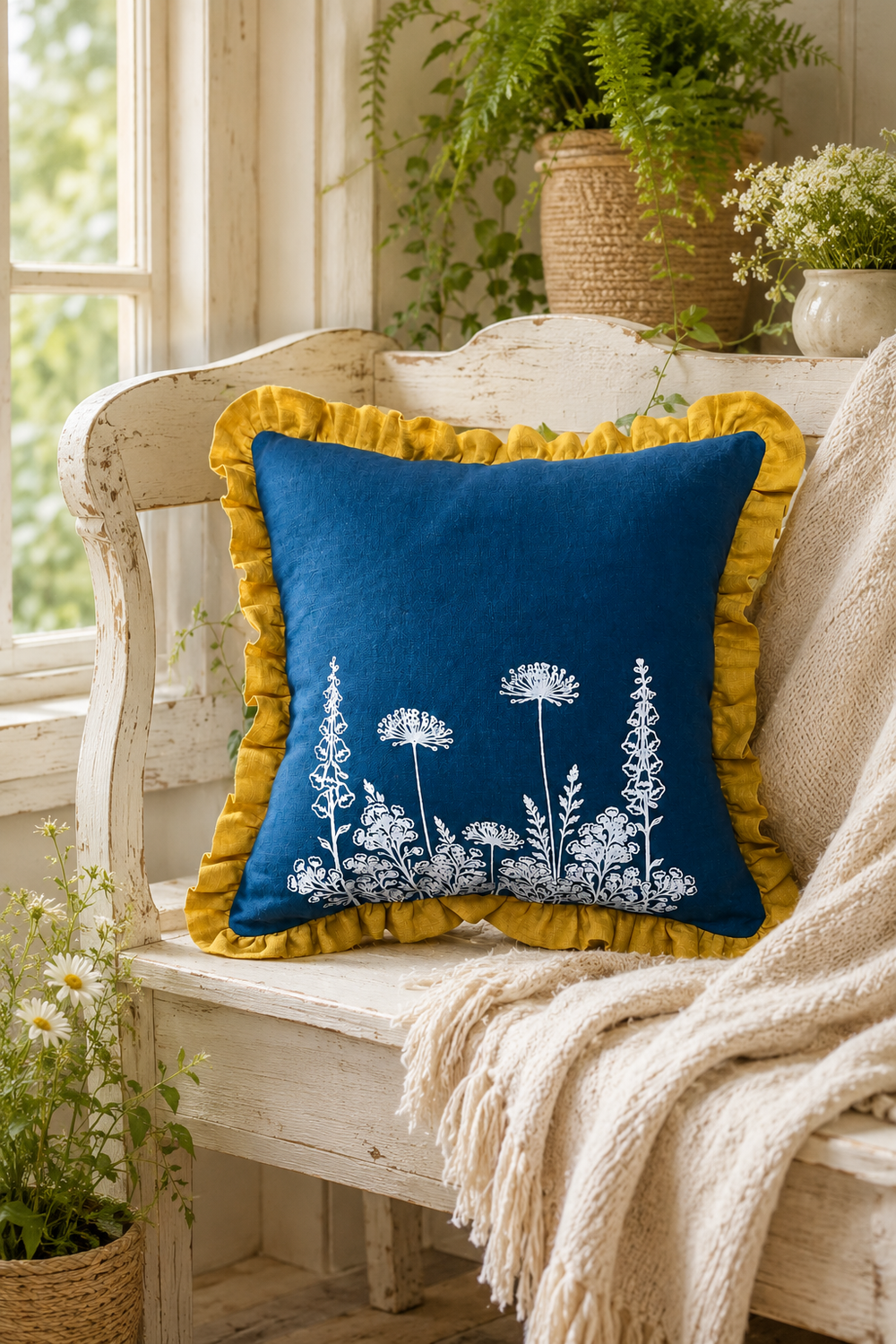 Blue pillow with yellow ruffles on a white bench in a bright room with plants. Florilegium Blue Ruffle Linen Cushion Cover – 55cm x 55cm