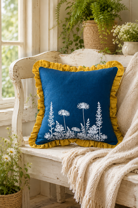 Blue pillow with yellow ruffles on a white bench in a bright room with plants. Florilegium Blue Ruffle Linen Cushion Cover – 55cm x 55cm