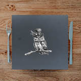 Square Natural Slate Placemat 33cm – Steampunk Owl Engraving