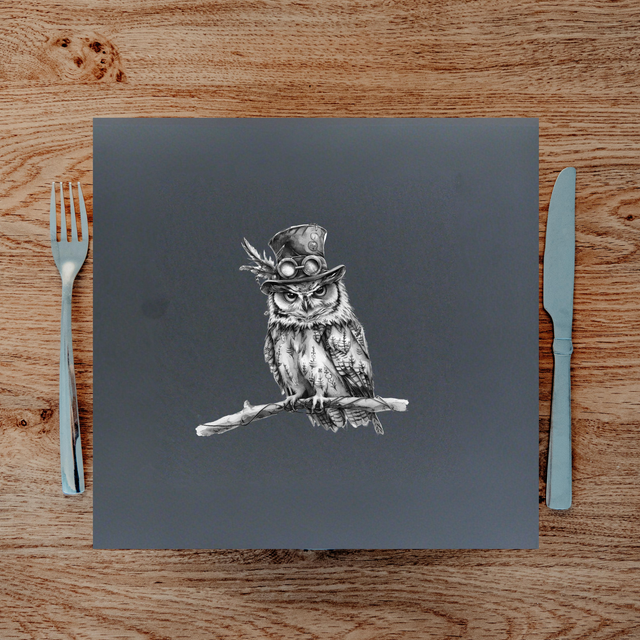 Square Natural Slate Placemat – 33cm (Steampunk Owl Engraving)