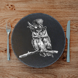 Round Natural Slate Placemat 33cm – Steampunk Owl Engraving