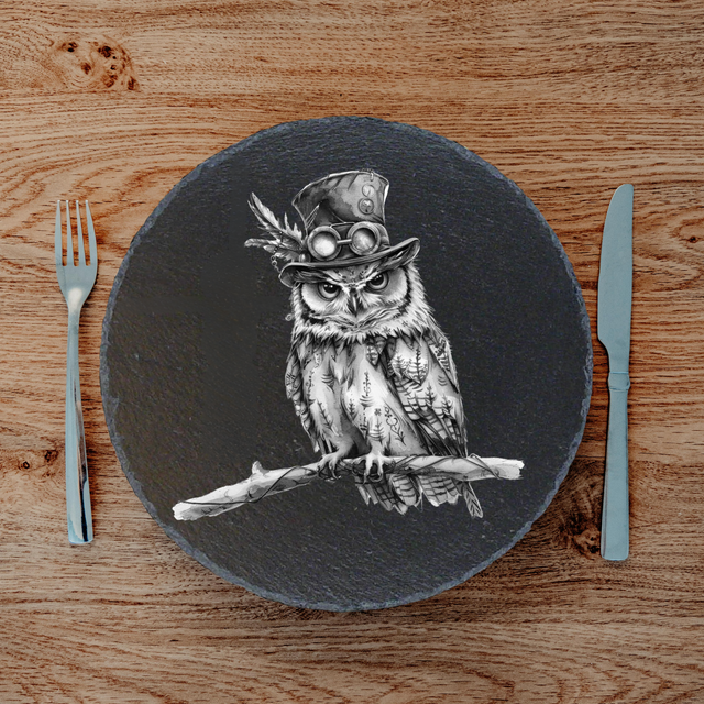 Round Natural Slate Placemat – 33cm (Steampunk Owl Engraving)