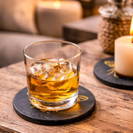Glass of whiskey with ice on a coaster next to a candle on a wooden table.