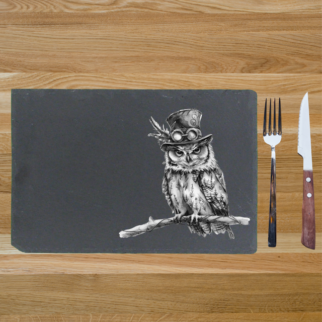 Rectangular Natural Slate Placemat & Platter – 30x20cm (Steampunk Owl Engraving)