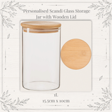 1 litre Glass storage jar with personalised wooden lid on a decorative background