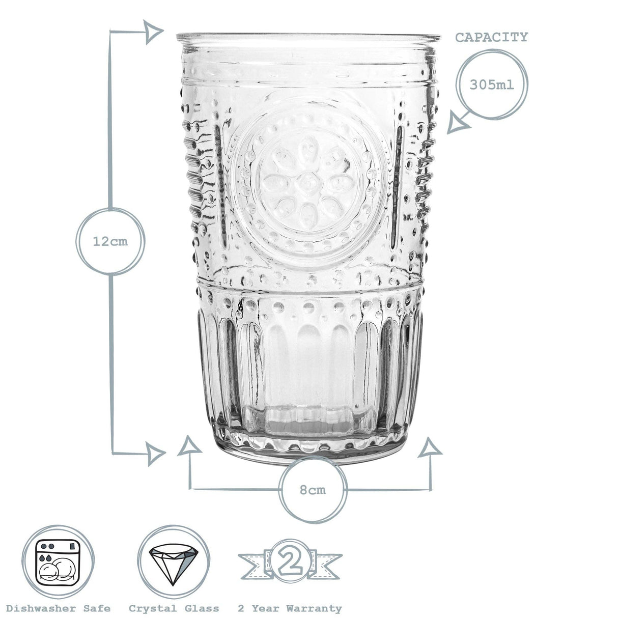 Clear glass tumbler with measurements and product details on a white background