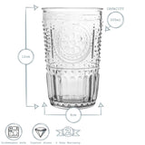 Clear glass tumbler with measurements and product details on a white background