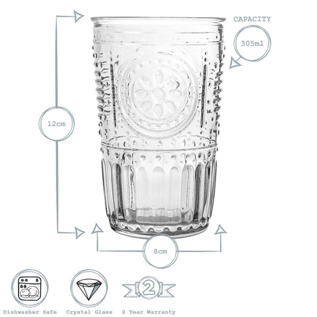 Clear glass tumbler with measurements and product details on a white background