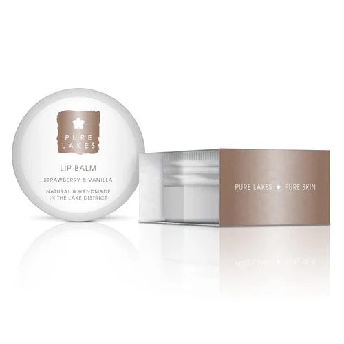 Lip balm and container with 'PURE LAKES' branding on a white background