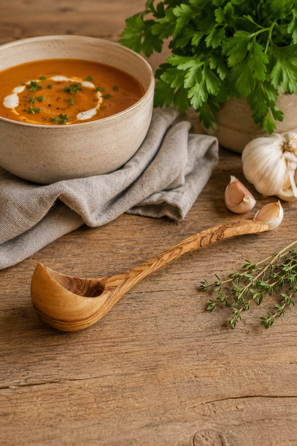 25cm olive wood serving spoon with rounded bowl