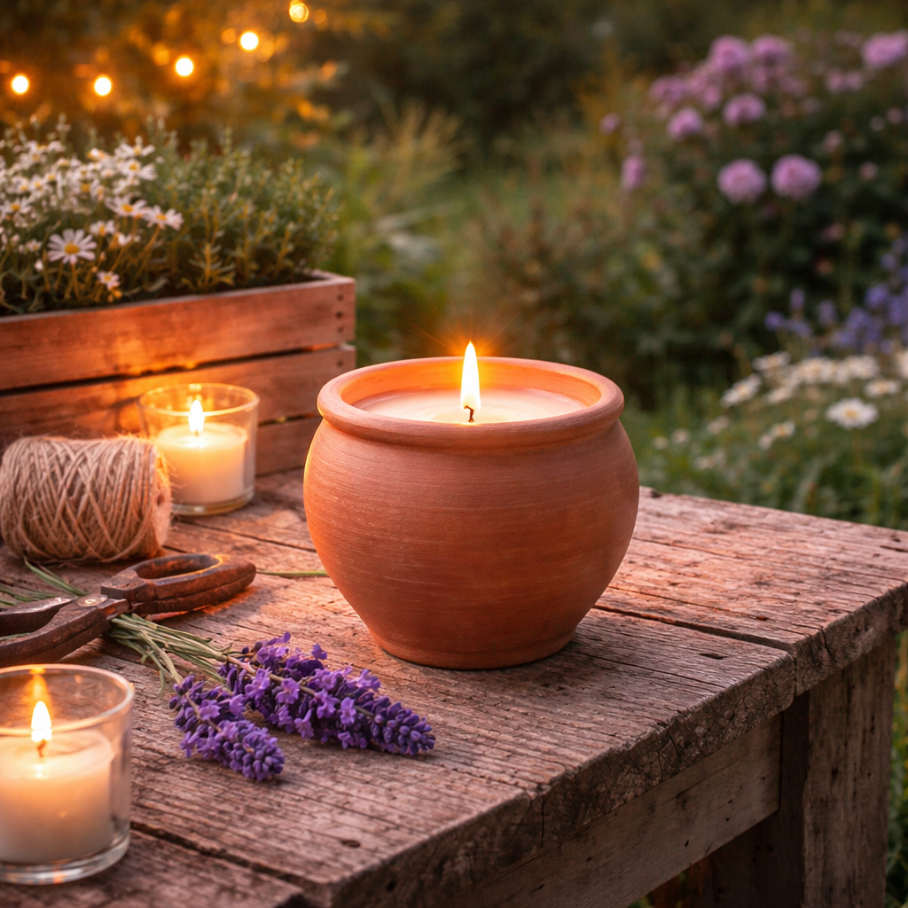 Terracotta candle in a garden setting with flowers and lights in the background