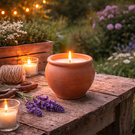 Terracotta candle in a garden setting with flowers and lights in the background