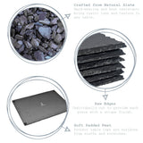 Landscape of slate stones, stacked slate pieces, and a single slate stone with text describing its features.