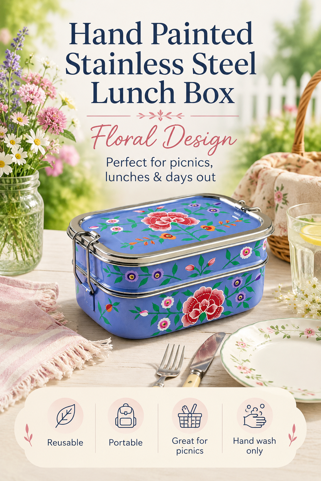 Violet Floral Garland Hand Painted Stainless Steel Tiffin Lunch Box