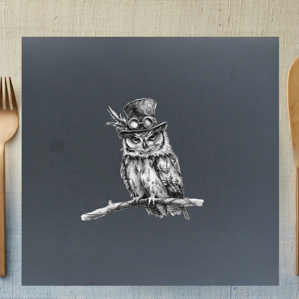 Square Natural Slate Placemat 33cm – Steampunk Owl Engraving