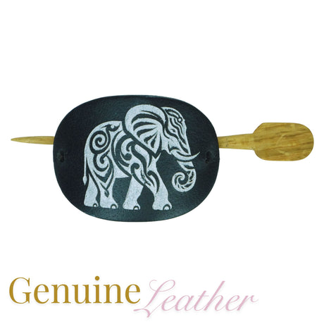 Leather Hair Barrette – Silver Elephant on Black Leather with Oak Stick