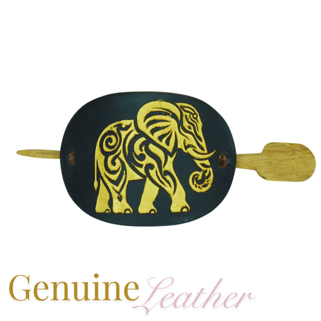 Leather Hair Barrette – Gold Elephant on Black Leather with Oak Stick