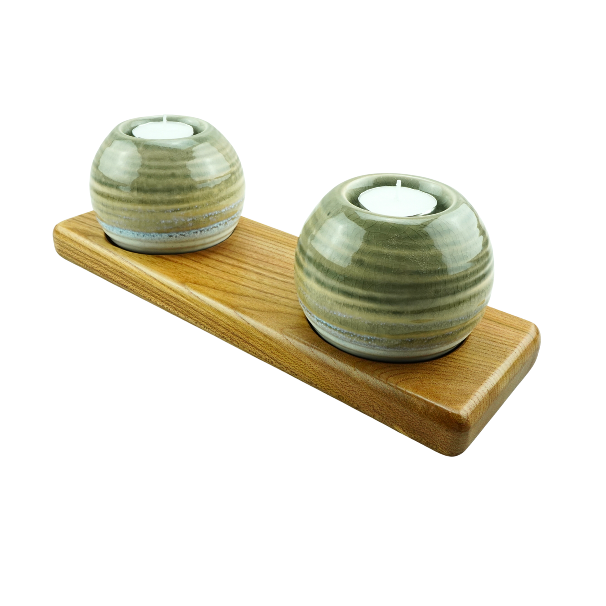 Wood and Ceramic Candle Holder Duo