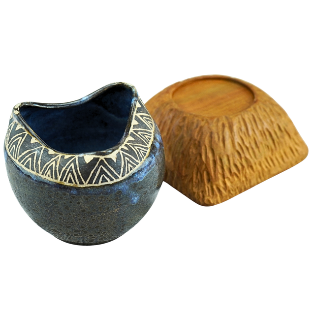 Stoneware Plant Pot on Hardwood Stand