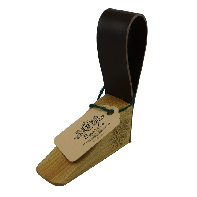 Oak Doorstop with leather handle and floral bouquet engraving