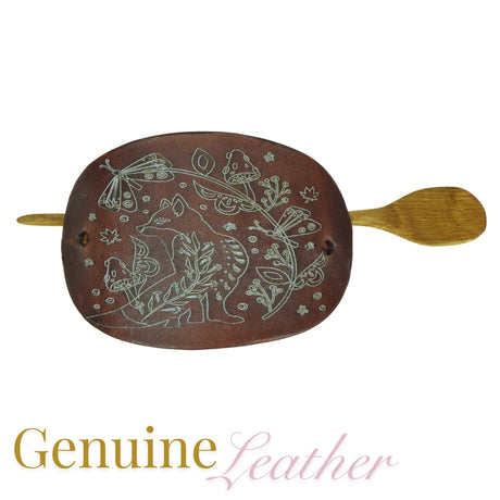 Leather Hair Barrette – Silver Fox in Nature on Dark Brown Leather with Oak Stick