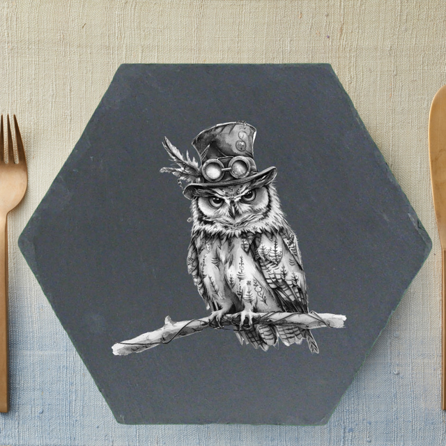 Hexagonal Natural Slate Placemat – 26cm (Steampunk Owl Engraving)