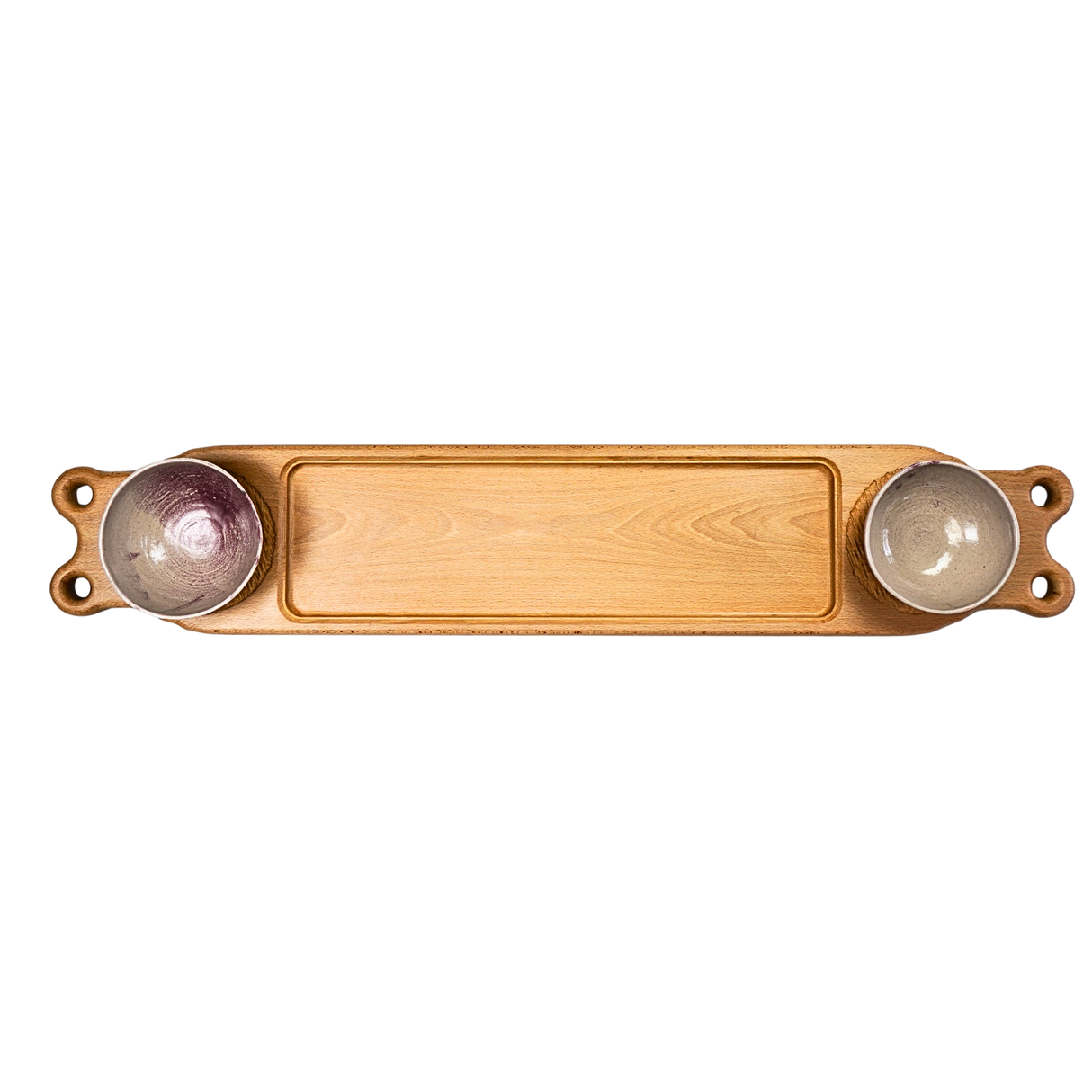 Oak tray with stoneware pots
