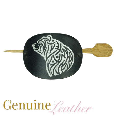 Leather Hair Barrette – Silver Bear on Black Leather with Oak Stick