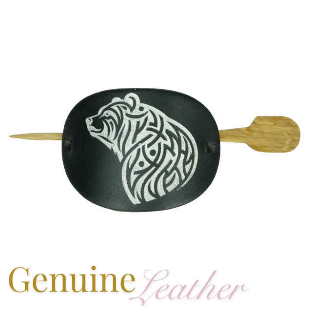 Leather Hair Barrette – Silver Bear on Black Leather with Oak Stick