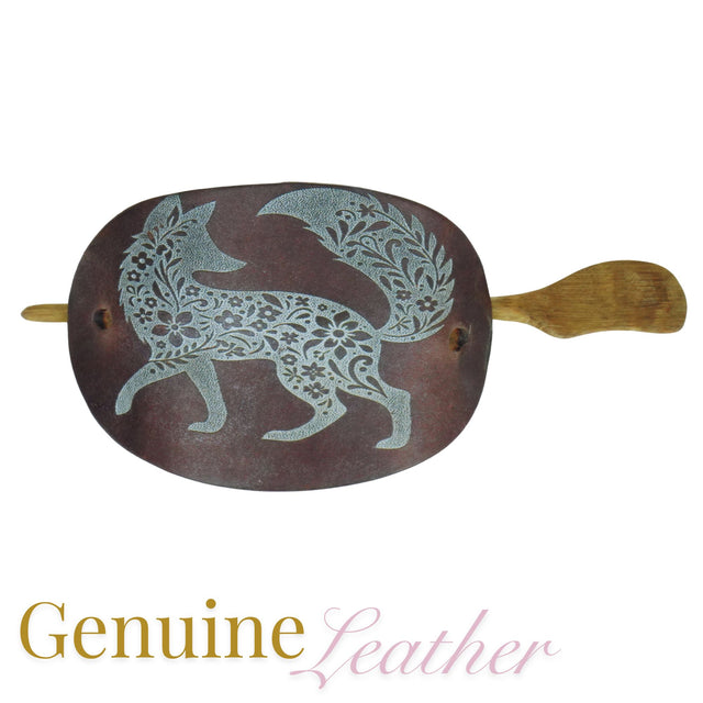 Leather Hair Barrette – Silver Fox, Flower Hand-Painted on Brown Leather with Oak Stick